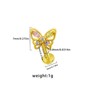 Detailed size chart for butterfly labret stud with colorful marquise zircons