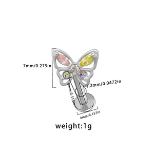Detailed view of butterfly labret stud with colorful zircons and size measurements