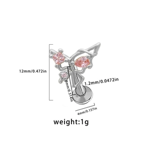 Detail view of butterfly labret stud with pink zircon stones and size specifications