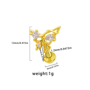 Detailed dimensions of golden butterfly labret stud with zircon stones for body piercing