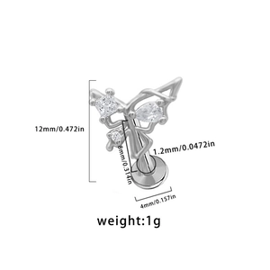 Detailed view of butterfly labret stud with zircon stones and dimensions 12x8mm