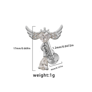 Detailed size chart for silver heart and wing labret stud with pear-shaped zircon