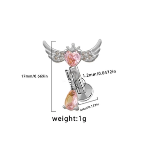 Detailed dimensions of heart and teardrop labret stud with pink zircon wing crown