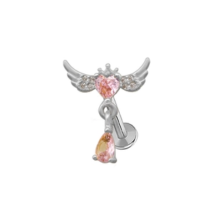 Pink heart and wing labret stud with a crown design and hanging teardrop gemstone