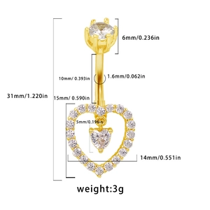 Tabla detallada de tallas del piercing de ombligo corazón dorado con longitud total 31mm