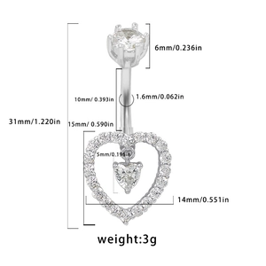 Especificaciones de tamaño detalladas para el piercing de ombligo de corazón plateado