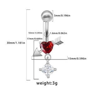 Piercing ombligo de acero quirúrgico con piedra de corazón rojo y diseño de flecha