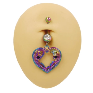 Regenboog rvs navelpiercing met hartvormige hanger en een glanzende zirkoon