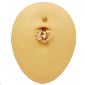 Piercing para ombligo dorado con diseño de corazón y mariposas con cristales