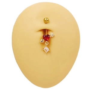 Piercing de ombligo con corazón rojo y colgante de cristal blanco cuadrado