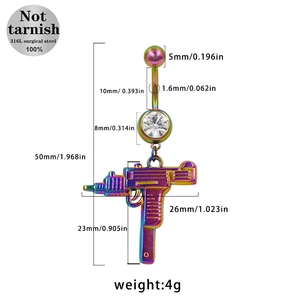 Gedetailleerde maattabel voor regenboog navelpiercing met Uzi-pistool hanger