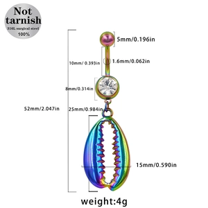 Gedetailleerd diagram met afmetingen van de regenboog navelstrengpiercing met schelphanger