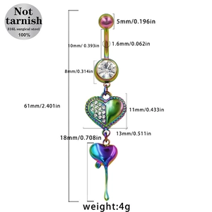 Regenboog navelpiercing van 316L chirurgisch staal met dubbel hart en kristallen
