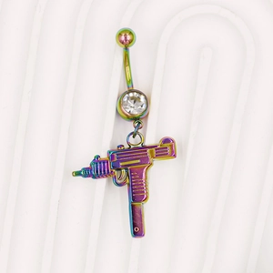 Detail van regenboog Uzi-machinepistool navelring met witte zirkoonsteen inlegwerk