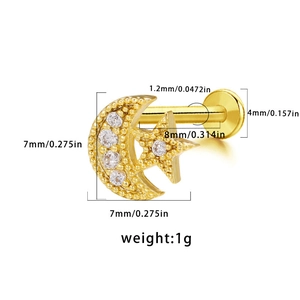 Detail showing the exact size parameters and 1g weight of the gold star moon labret stud