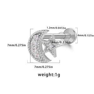 Detailed size chart for moon and star labret stud with crystal paving and dimensions