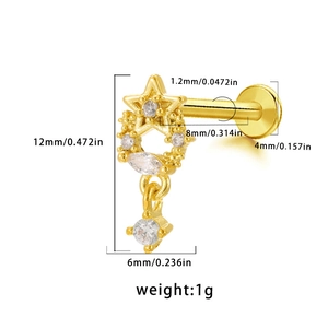 Detailed dimension guide for a gold star-shaped lip stud with white zircon pendant