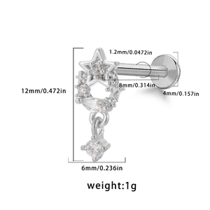 Detailed view of silver star lip stud with zirconia stones and size measurements