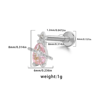 Detail view of pink pear gem lip stud with dimensions and planet star design details