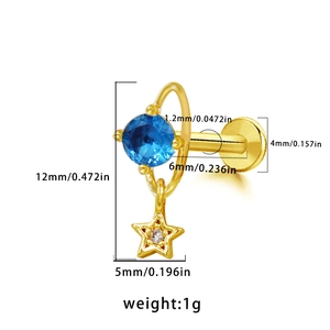 Detail view of gold labret stud with blue zircon stone and star pendant dimensions