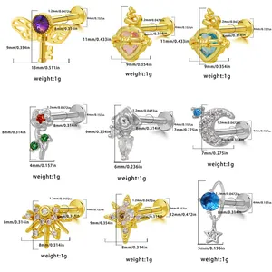 Detailed size chart for stainless steel piercing studs with purple zircon planet pendants