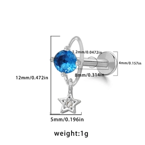 Detailed size specification for star pendant body piercing jewelry with blue zircon