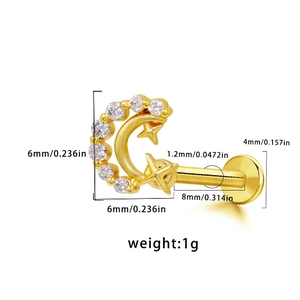 Detailed size chart for celestial star and moon lip stud with 1.2mm labret thickness