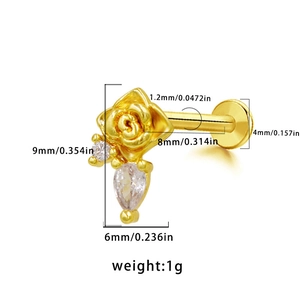 Detailed dimensions of gold rose labret stud earring with sparkling zircon stones