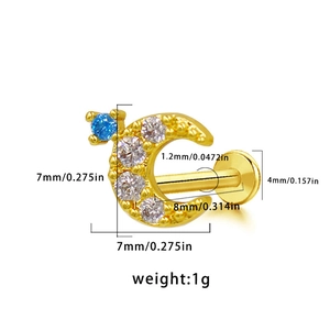 Detailed size chart for moon-shaped gold earring with blue zircon stone inlay