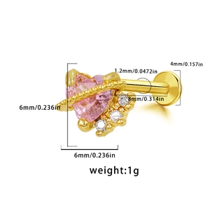 Pink heart crystal lip labret stud with gold plating and detailed dimensions 6mm size