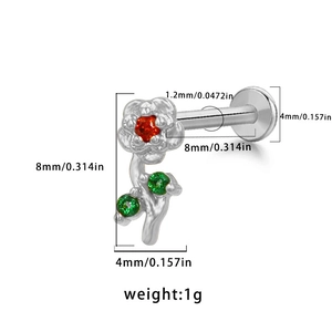 Detailed size specifications for silver flower stud earring with red and green crystals
