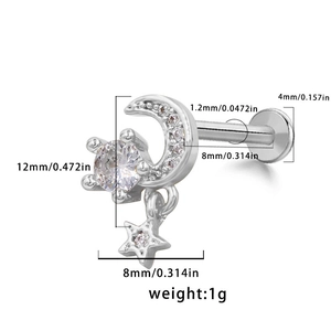 Macro view of moon and star lip stud with zircon details and size dimensions