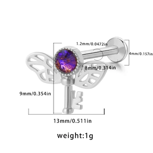 Detailed size chart for planet wing cartilage stud with purple zircon and dimensions