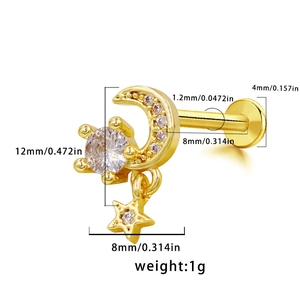 Gold star and moon labret stud with crystal details and dimensional measurements