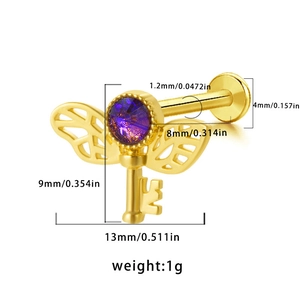 Detailed view of gold planet piercing stud with purple zircon and specific dimensions