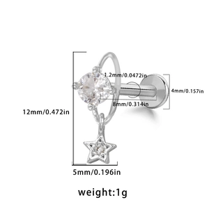 Detailed view of silver star pendant labret stud with dimensions and size specifications
