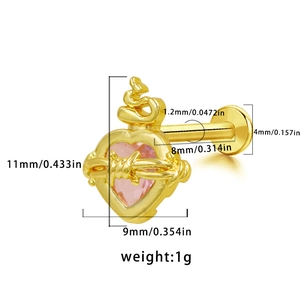 Detailed view of gold flame heart labret with pink zircon and dimensions for body piercing