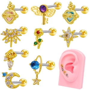 Titanium Steel Planet Heart Star Wing Key Stud Earrings For Women Men Rhinestone Inlaid Piercing Jewelry Screw Back Gift