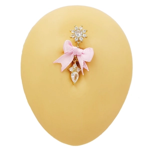 Piercing de ombligo dorado con lazo rosa, flor de circón y colgante de gota de agua