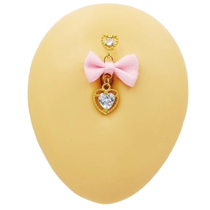 Piercing de ombligo dorado con lazo rosa y colgante de corazón de circón brillante