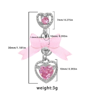 Tabla detallada de tallas para piercing de ombligo con lazo y corazones de circonita rosa