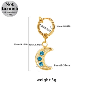 Detaillierte Größentabelle für goldene Mondsichel-Bauchnabelringe mit blauen Kristallen