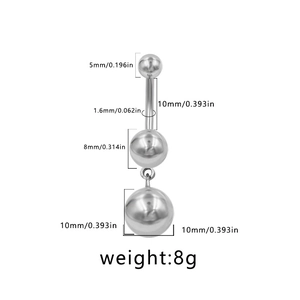 Tabla de tallas detallada que muestra el grosor de 1,6 mm y medidas del piercing ombligo