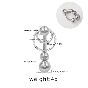 Piercing de ombligo de acero inoxidable con colgante de campana y detalles de dimensiones