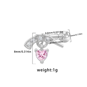 Detalle del pendiente de pistola con circón de corazón rosa y medidas de barra 0,8mm