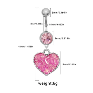 Piercing de ombligo con colgante de corazón rosa en acero y medidas detalladas