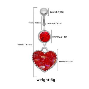 Especificaciones de tamaño detalladas del piercing de ombligo con colgante de corazón rojo