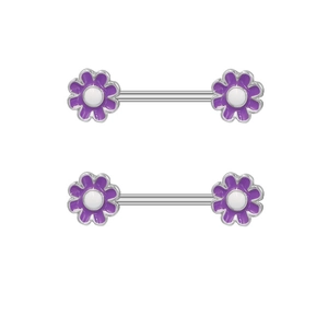 Detailopname van paarse bloemen tepelpiercingset van roestvrij staal met emaille