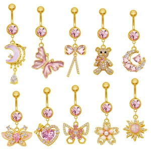 Piercing de Nombril en Alliage de Zinc Doré Avec Zircon Rose Pendentif Papillon Lune Cœur Ours Bijoux de Corps Pour Femmes