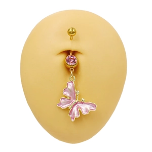 Piercing de nombril doré avec pendentif papillon en émail rose et cristal brillant